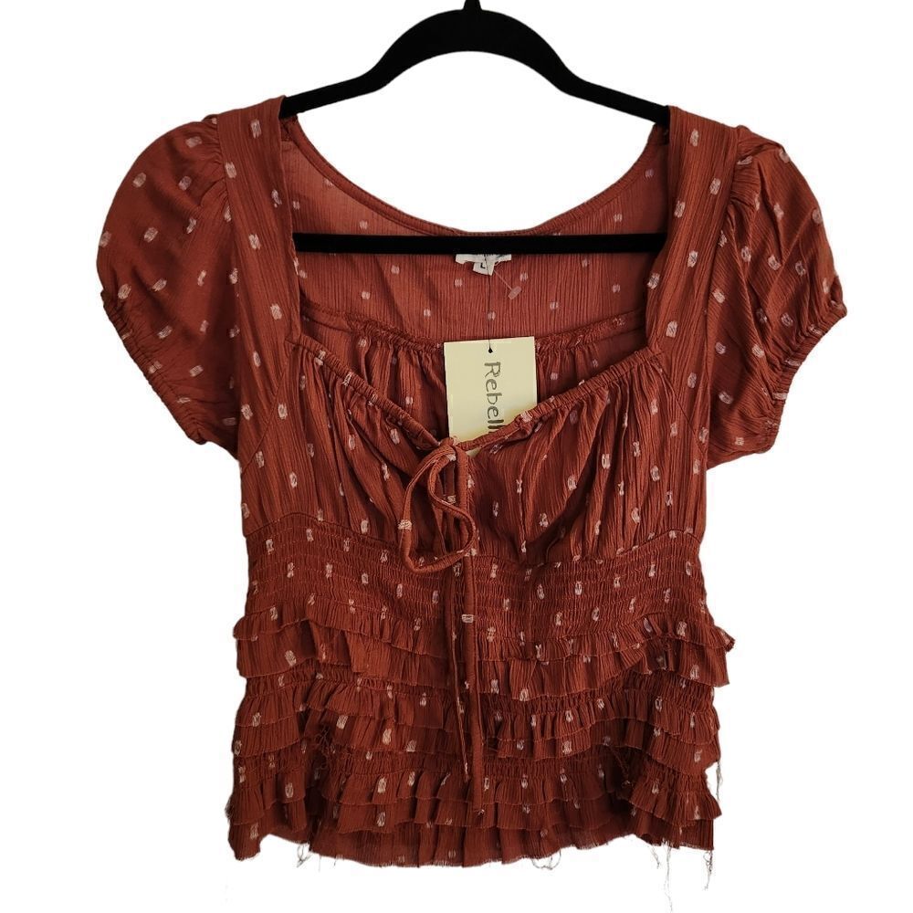Rebellion Again Smocked Waist Elastic Sleeve Layered Blouse Size Large
